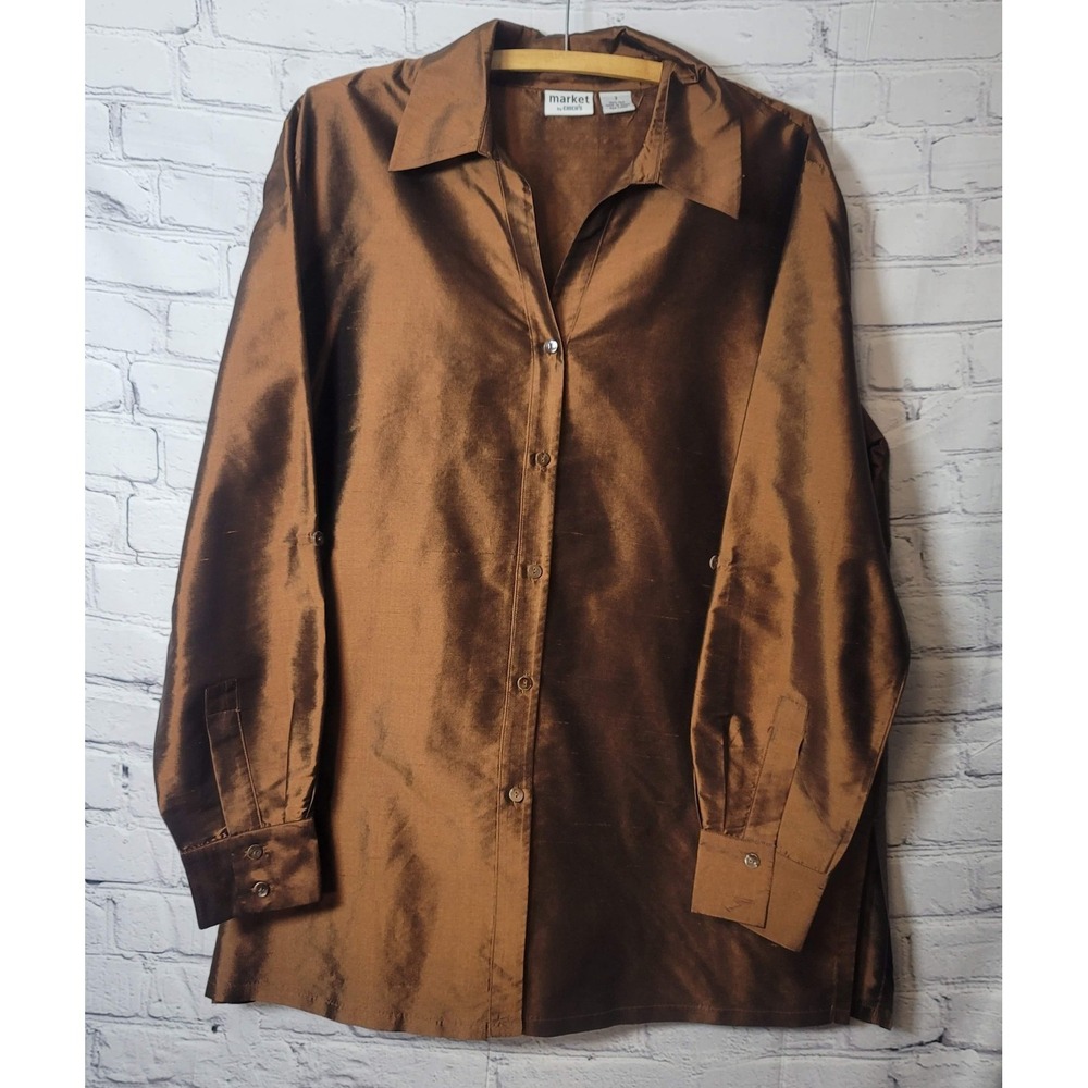 Chico's Tunic Shirt Womens 3 Brown 100% Silk Button Front Long Sleeve Top Classy